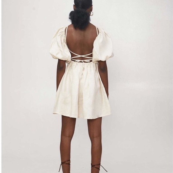 Mie Mini Gozo Dress Sz S Beige Linen Puff Sleeve Strappy Open Back Minimalist - Picture 3 of 13